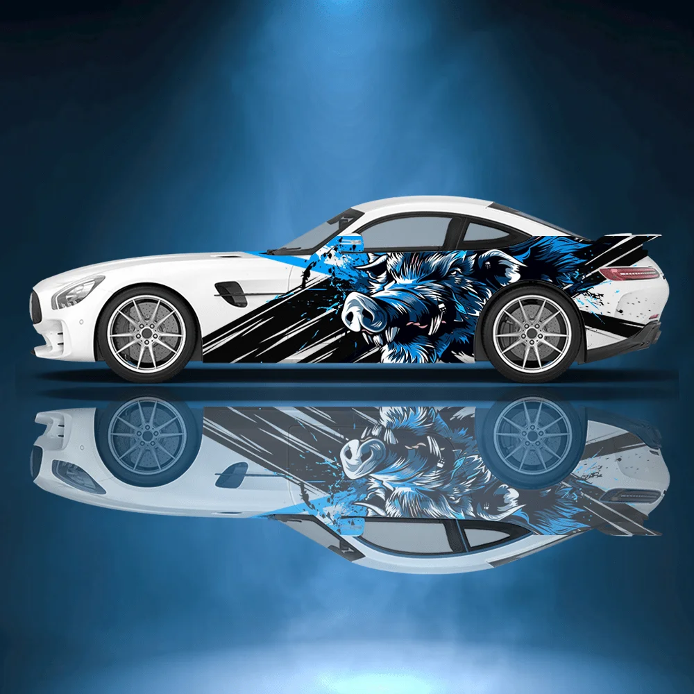 

Blue Fierce Wild Boar Car Vinyl Wraps Decal Self-adhesive PVC Sticker Suitable for Trucks SUV Decoration Auto Accessories Gift