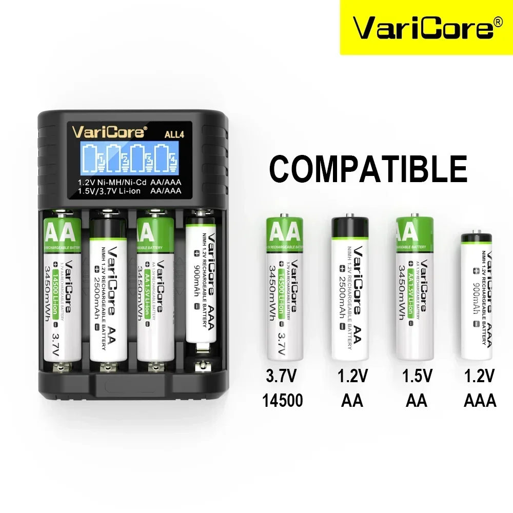 VariCore ALL4 Caricabatteria intelligente LCD per batteria al litio AA AAA 1.2v Ni-MH ni-cd 1.5v 3.7v 14500 Celle di ricarica 4 slot