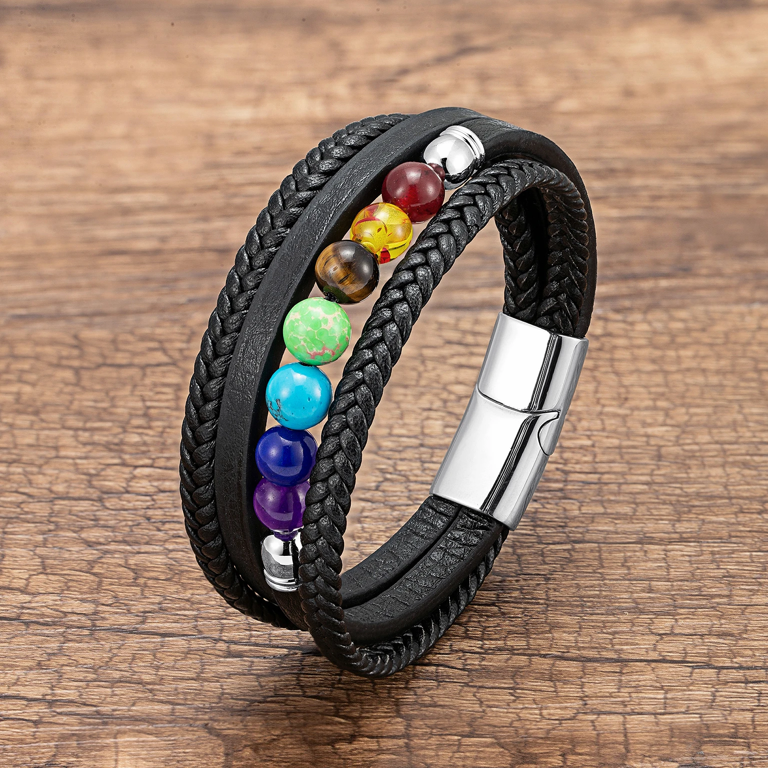 7 Chakra Natural Stone Handmade Braided Leather Bracelets Men Women Colorful Reiki Healing Beaded Charm Bracelet