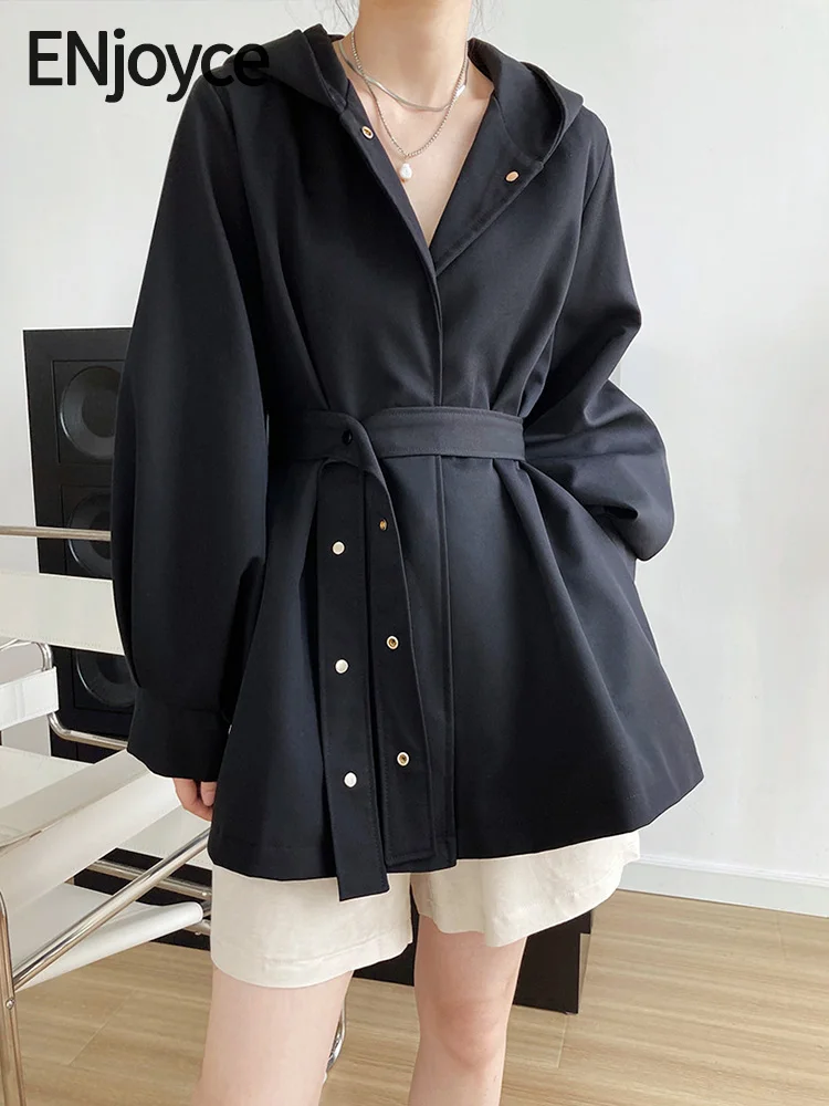 

2024 Spring Women Vintage Hoodie Suit Jackets with Waist Tied Belt Korean Fashion Coat Ladies Windbreaker Overcoat