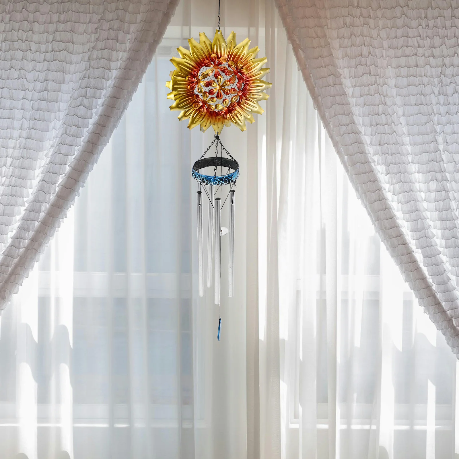 

1Pcs Metal Wind Chime Hanging Decor Premium Iron Glass Sunflower Design Yard Garden Window Living Room Decoration Golden Yellow