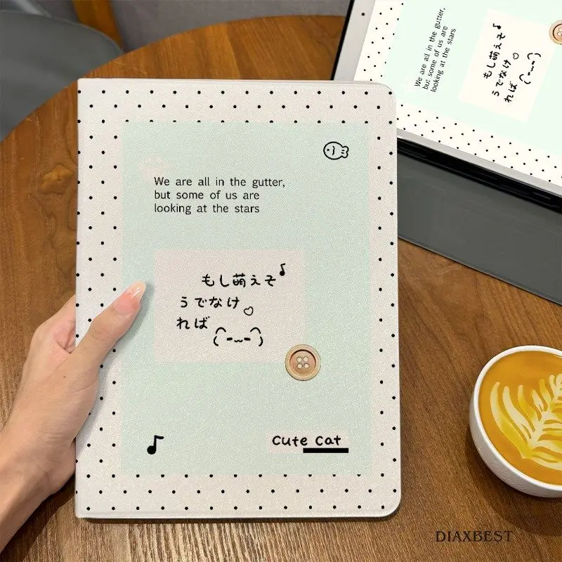 Japanese Cute Cat Line Dots Sticker For iPad Pro 13 11 M5 M4 M3 M2 Air 3 2 1 11th A16 12.9'' 10 9 8 5 Th Mini 7 6 5 4 Case