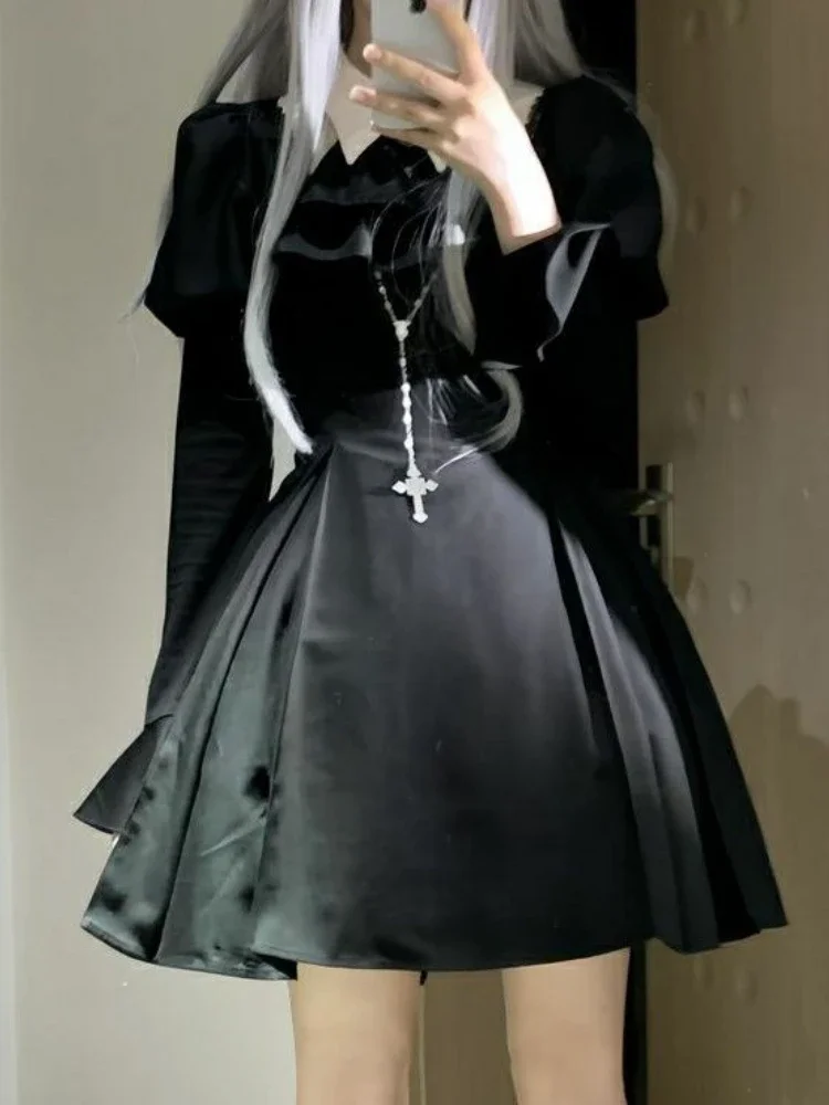 2025 New Japanese Gothic Y2k Lolita Dress Women Harajuku Aesthetics Bow Long Sleeve Mini Dresses Female Punk Slim Party Dresses