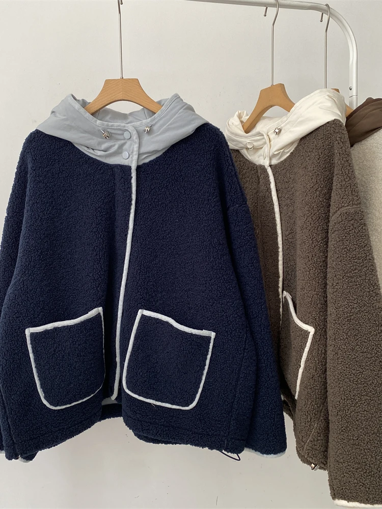 Large Size 300 Pou Casual Color Blo Hooded Lamb Fur Jaet Men Women Autumn Winter Warm Lazy Loose Slimming Cotton Coat