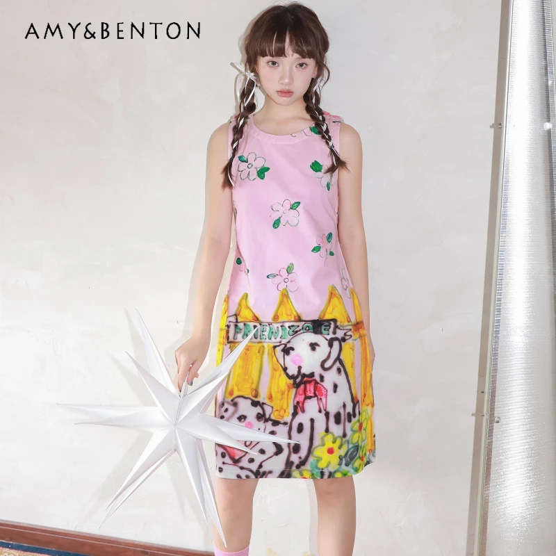 

Japanese Style Pink Spotted Animal Print Women's Sleeveless Dress Summer New Cute Playful Age-Reducing Round Neck Dresses Ladies