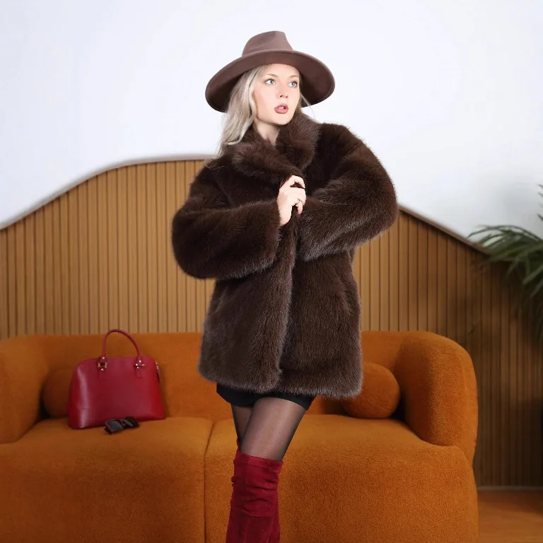 Manteau en fausse fourrure de renard, nouvelle mode automne hiver, veste à revers en fausse fourrure écologique avec ceinture, vêtements d'extérieur polyvalents décontractés grande taille