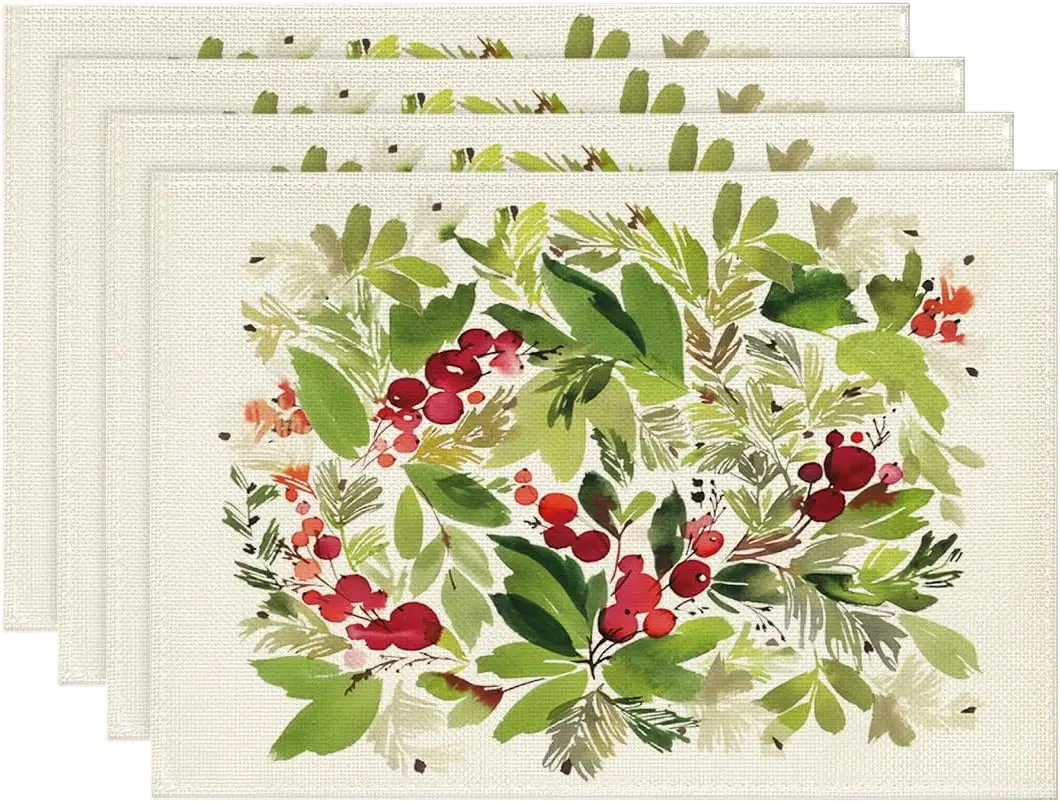 

Рождественские салфетки с акварелью Holly, набор из 4 12x18 дюймов, зимние рождественские праздничные коврики для стола для вечеринки, кухни, обеденного декора
