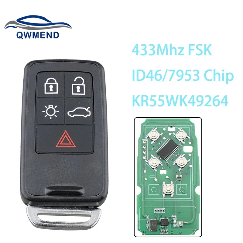 KR55WK49264 5 Buttons Smart Remote Car Key for Volvo XC60 S60 S60L V40 V60 S80 XC70 KYDZ ID46/7953 Chip 433Mhz