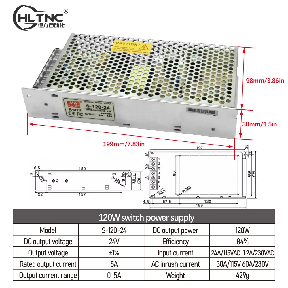 HLTNC Digital  DC 120W stepper motor Switching Power Supply 24V 5A PLC signal Control AC Voltage 110V 220V Conversion for Cnc