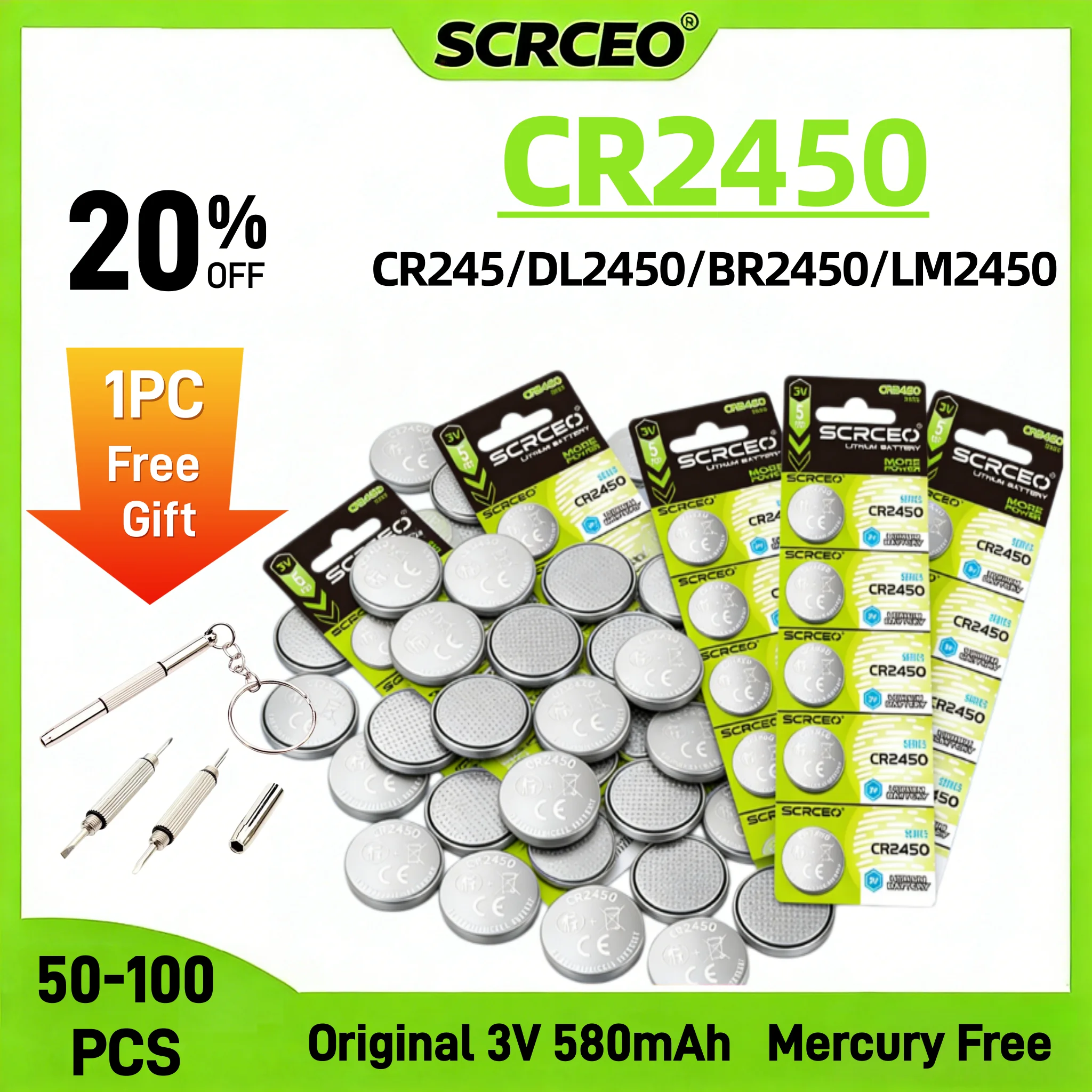 

50-100PCS CR2450 Batteries 3V Lithium Coin Cell 580mAh High Energy for Key Fobs Games LM2450 BR2450 DL2450 CR2450N