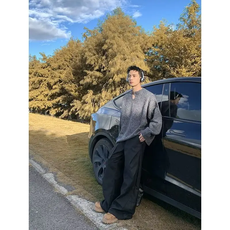 أزياء الخريف/الشتاء بالإضافة إلى حجم البلوز الخامس الرقبة طويلة الأكمام البلوز فضفاضة محبوك سترة الرجال #5