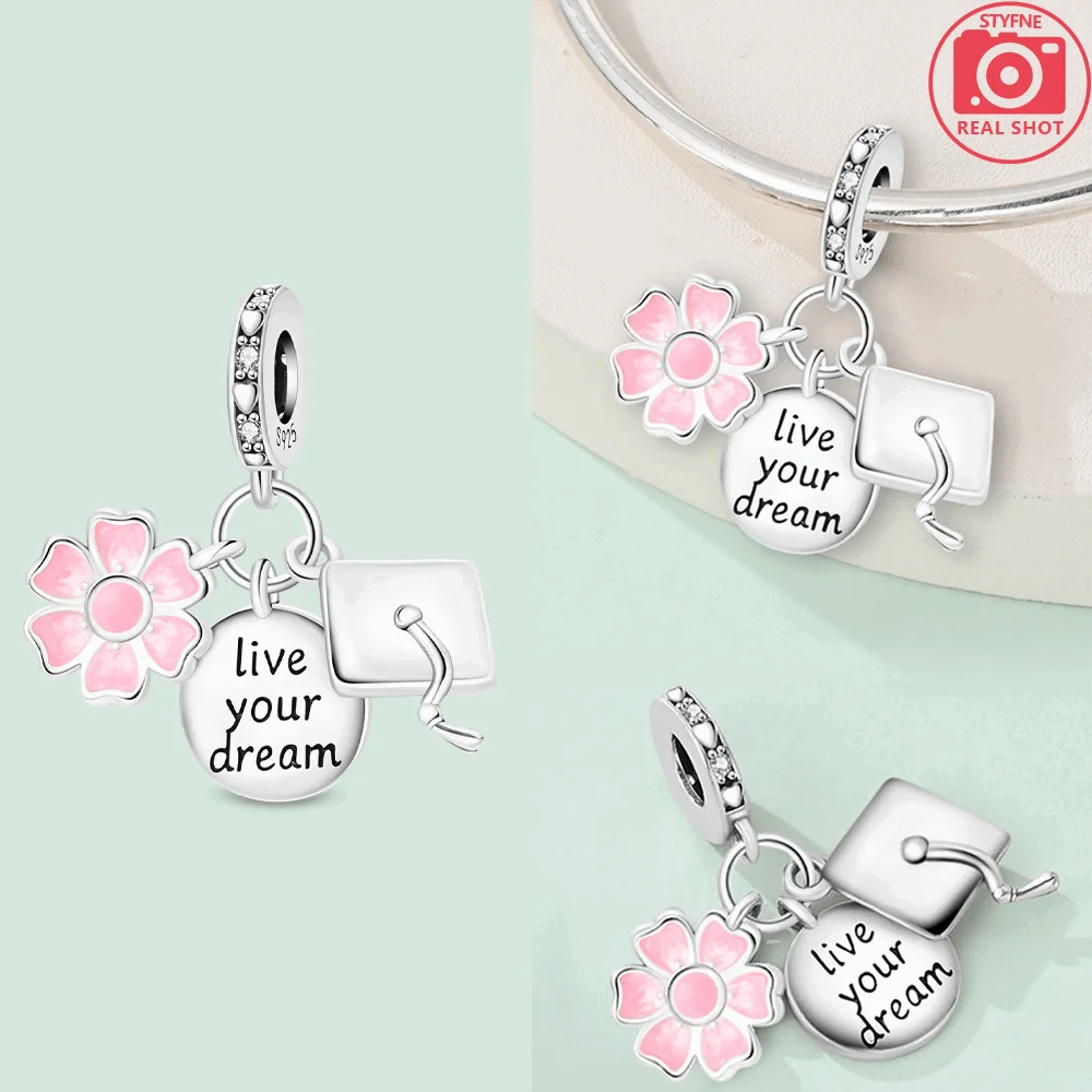 Silver 925 Graduation Season Flower Bachelor Cap Graduation Three-piece Set Charms Beads Fit Bracelet DIY Jewelry Gift for Women