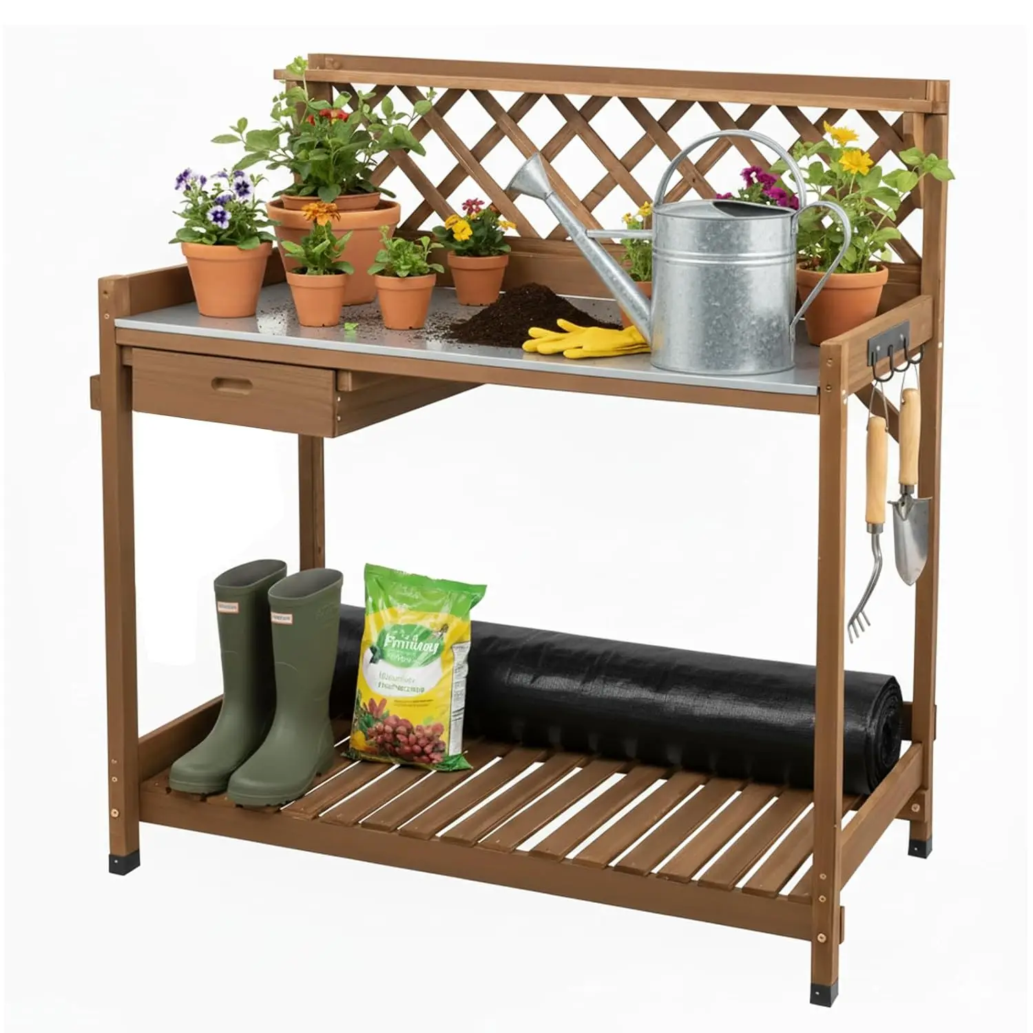 

Outdoor Potting Bench Table Work Bench with Drawer Natural Wood Garden Workstation with Metal Tabletop/Hooks/Large Bottom Shelf(