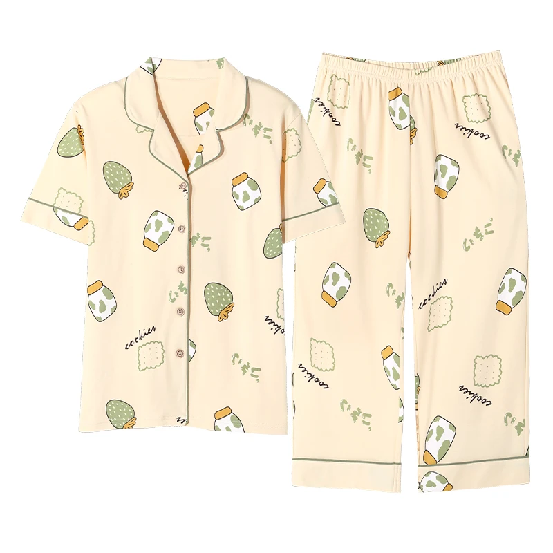 Summer Cotton Cartoon Women Pajamas Set Short Sleeve Turn-down Collar Female Homewear Casual Soft Elegant Cardigan Woman Sleepwe