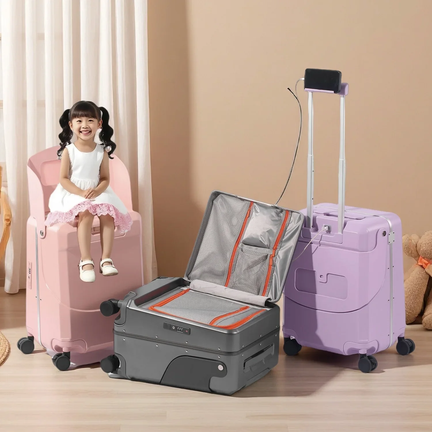 

Multifunctional Aluminum Alloy Frame Children's Suitcase Side Opening Seatable Luggage USB Charging Port Brake Wheel Travel Case