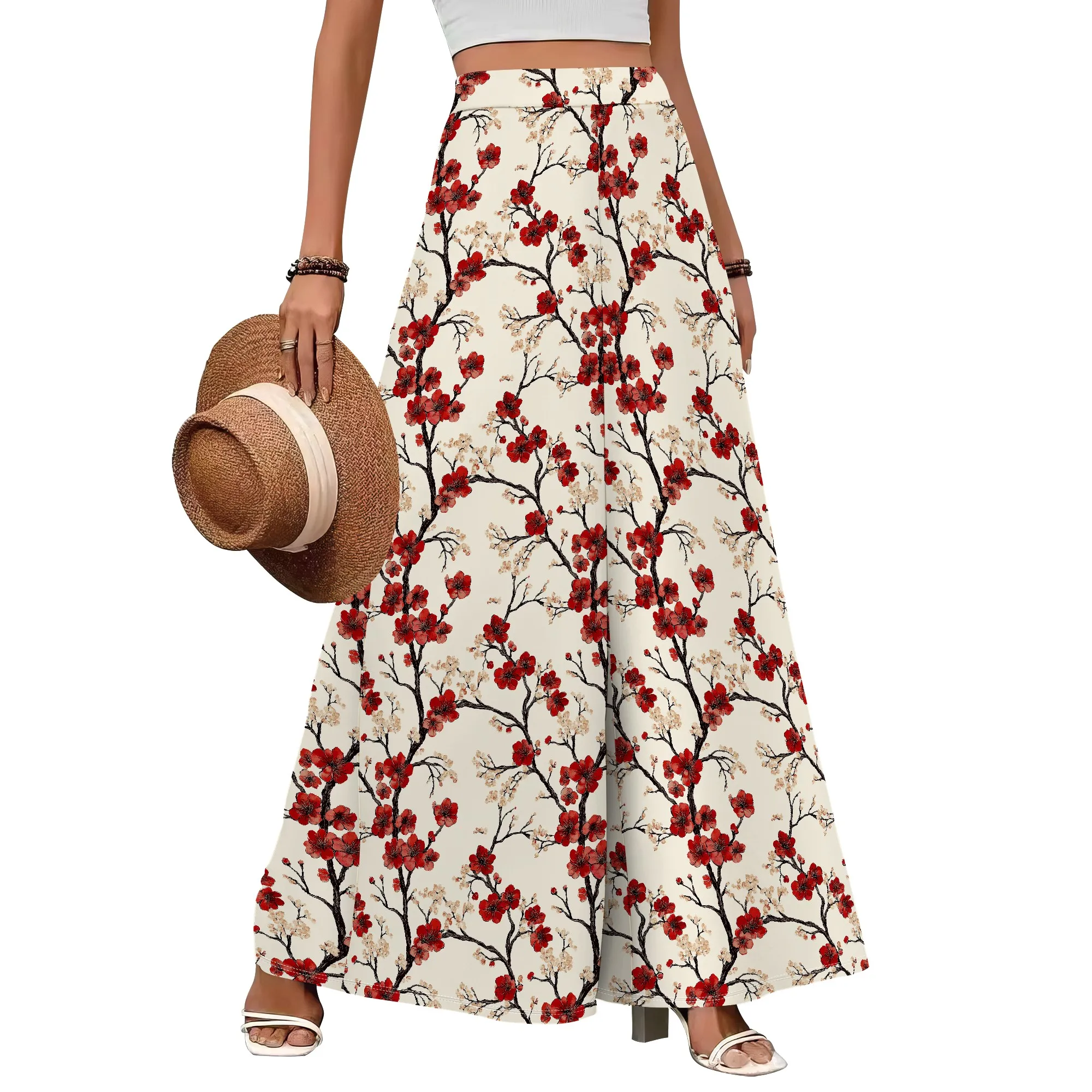 

Women's flowy loose wide-leg pants, summer beach casual trousers, high-waisted comfortable floral versatile business work pants