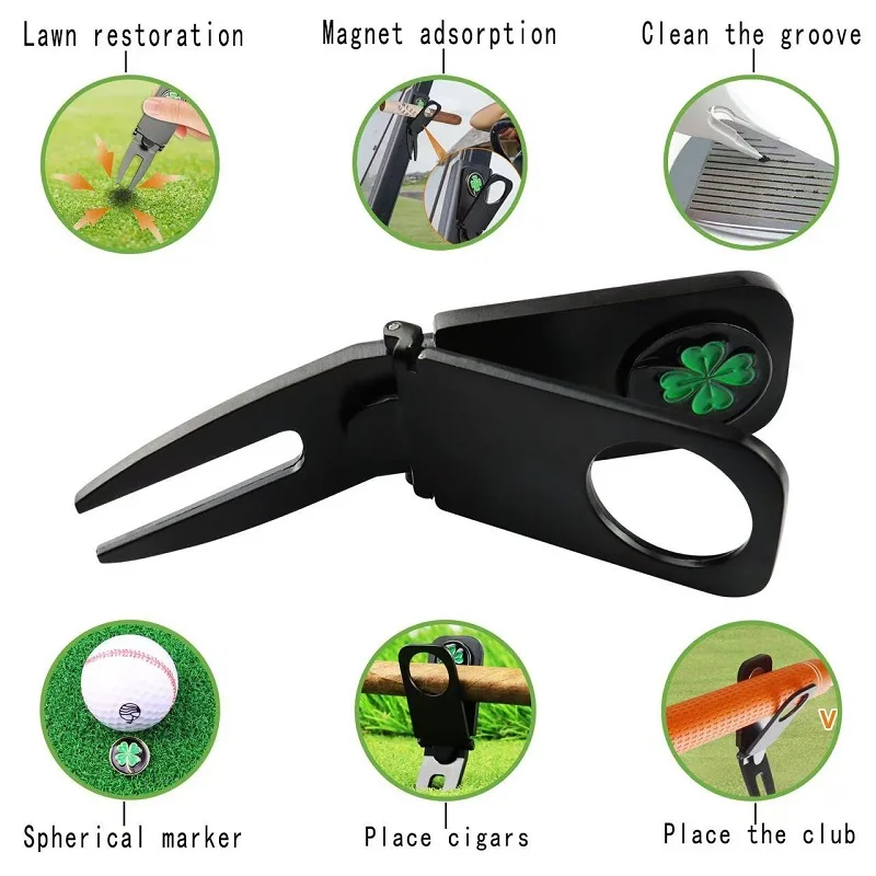 Golf Divot Repair Tool Magnetic Golf Ball Holder Golf Cigar Holder Putting Fork Pitch Groove Cleaner Golf Accessory Golf Mark