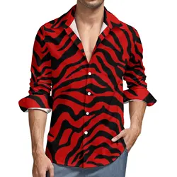 Black Red Zebra Stripe Casual Shirts Animal Print Novelty Shirt Long Sleeve Cool Aesthetic Blouses Spring Graphic Top Plus Size