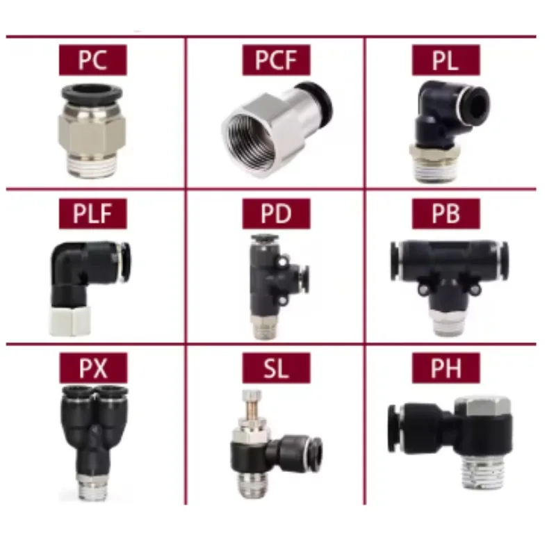 Industrial Black Air Hose Quick Coupling Fittings PC/PCF/PL Tube Connector 4mm-10mm Hose & 1/8