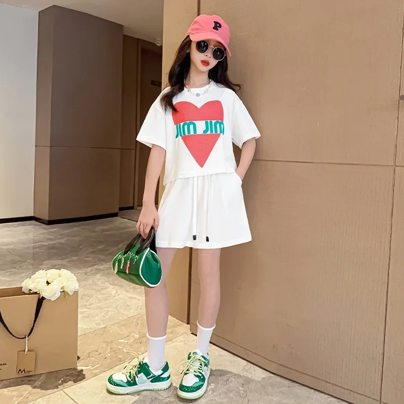 

Summer Teenage Girl Clothes Set Letter Sweet Short Sleeve Tshirt and Shorts Suit Children's Girls Top and Bottom 2pcs Tracksuit