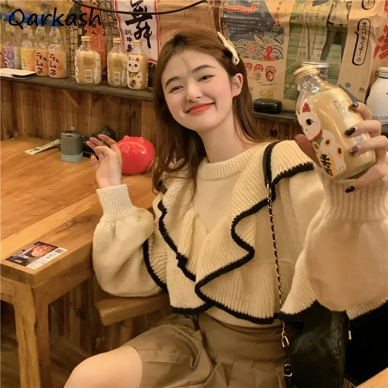 

Кардиган с оборками, женский милый консервативный стиль, элегантный милый винтажный модный корейский повседневный женский студенческий костюм, трикотаж, свитер