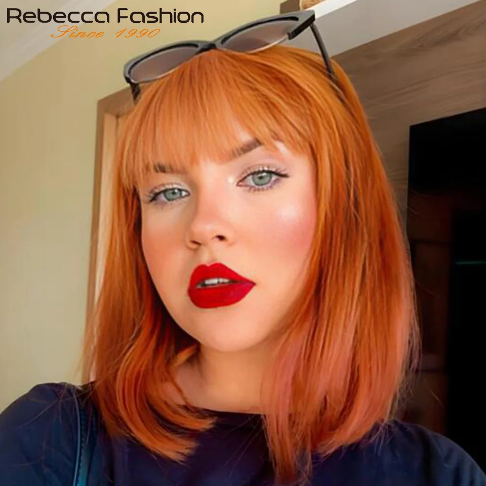 

Orange Ginger Straight Short Bob Human Hair Bob Natural Brown Colored Human Hair Wig with Bangs Full Machine Made Wig No Glue　