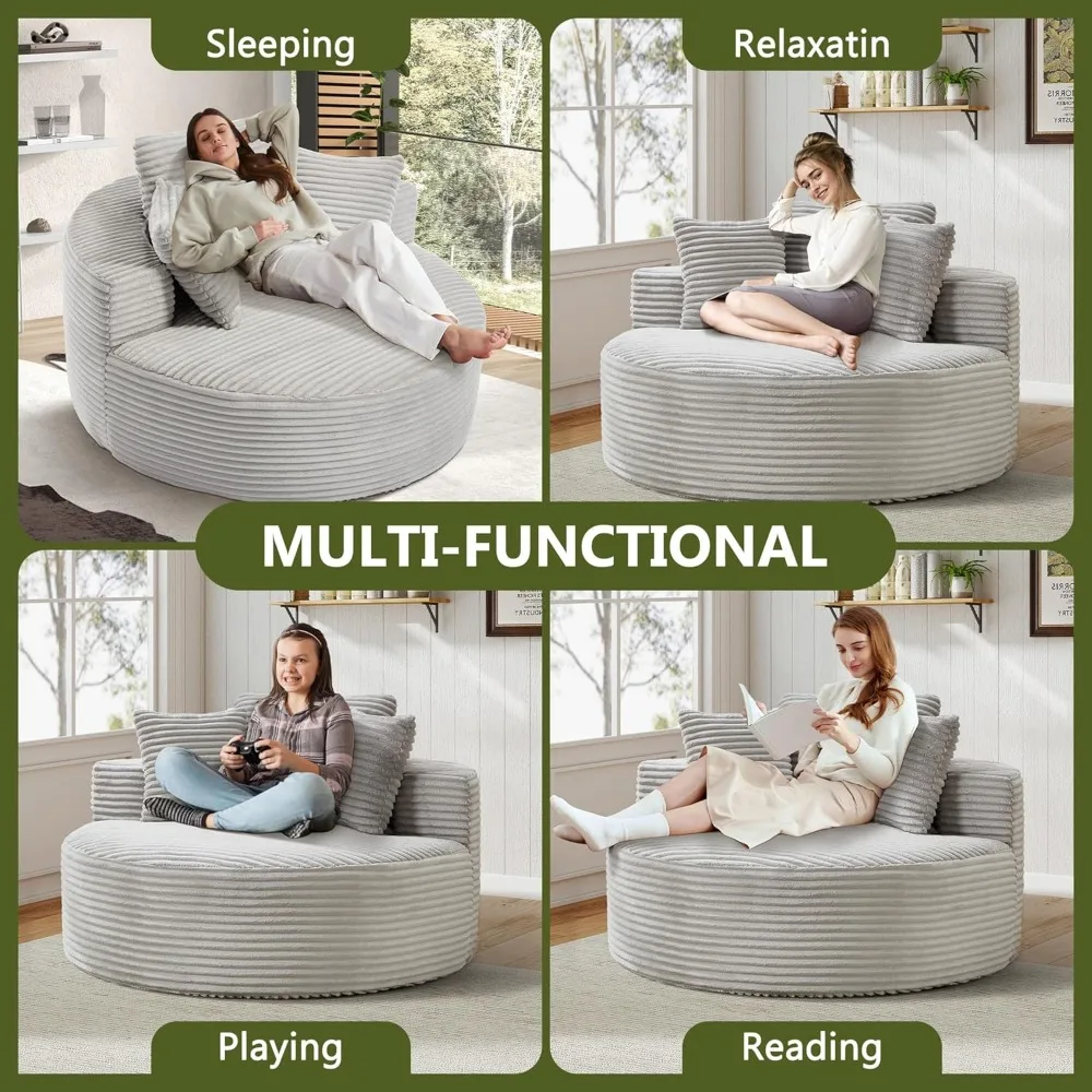 56-дюймовый круглый стул большого размера, шезлонг для дома, современный вельветовый стул с мягкой обивкой и глубоким сиденьем, удобный пушистый рукав