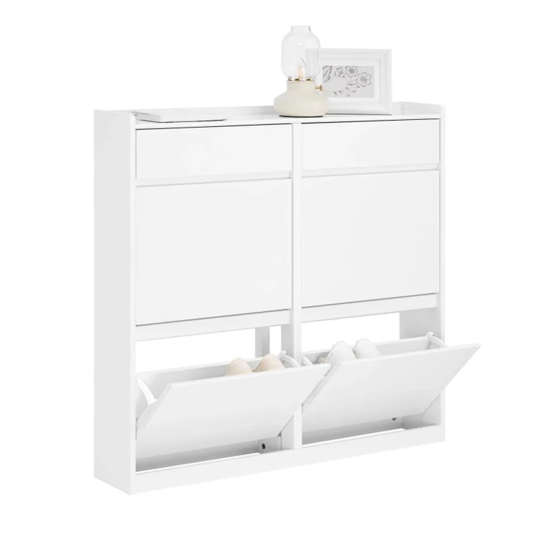 SoBuy FSR169-W Schuhkipper mit 4 Klappen, Schuhregal schmal mit 4 Ablageflächen Weiß BHT ca. 98x95x19cm