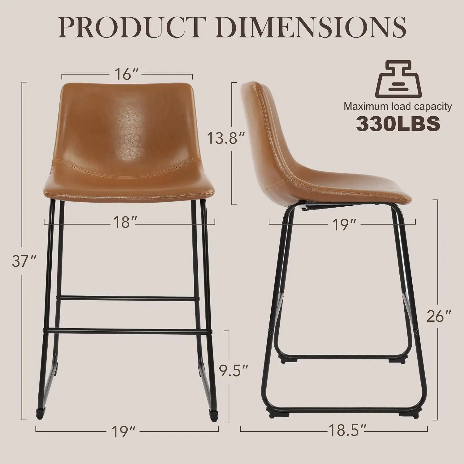 Modern Barstools 26 Inch PU Leather Metal Legs Footrest Armless Back Kitchen Island Chair Set Of 2, Customized