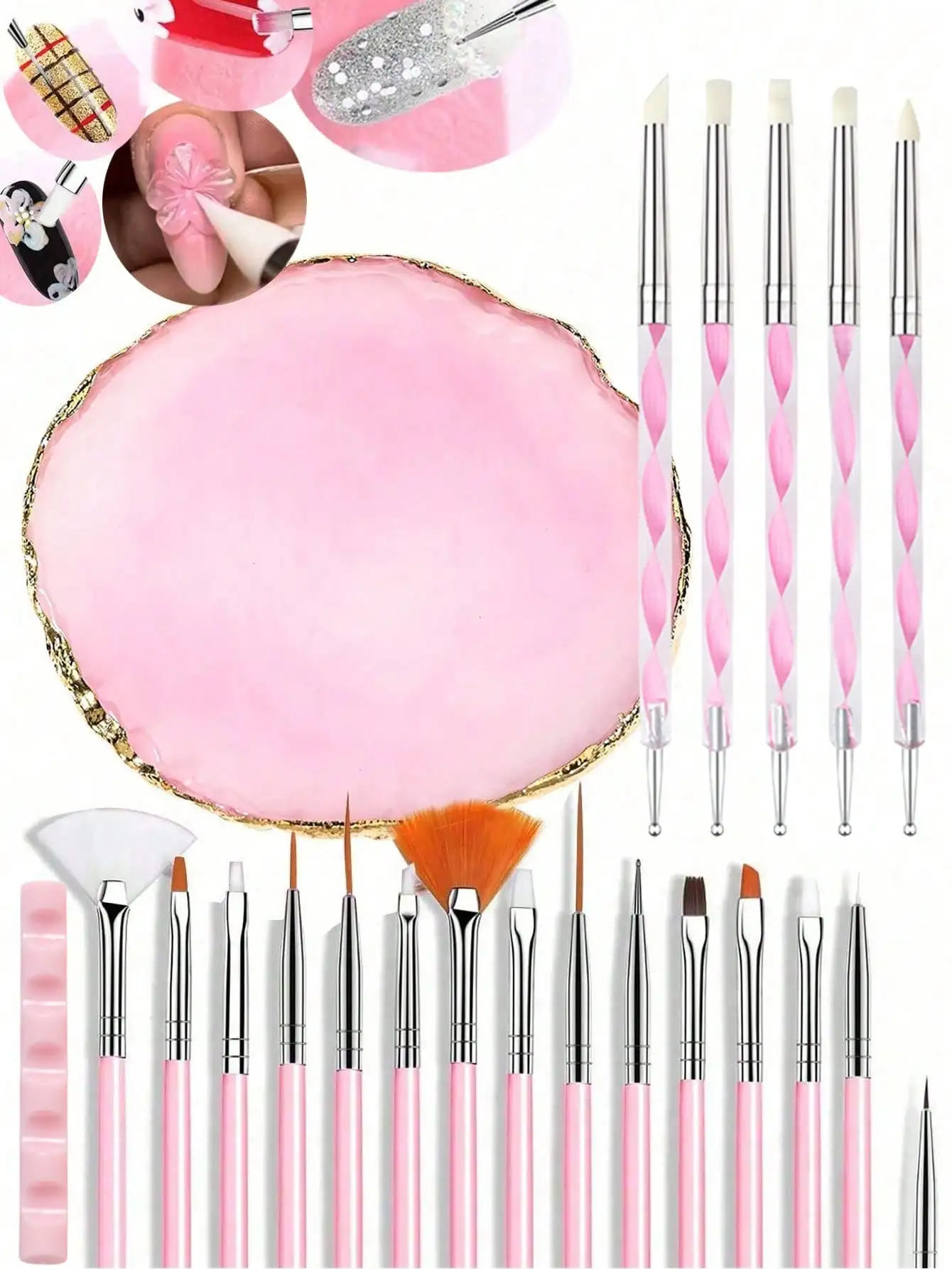 Juego de herramientas para decoración de uñas, color blanco, 15/22 piezas, incluye 15 bolígrafos para decoración de uñas, 1 paleta de resina, 5 bolígrafos de silicona acrílica de doble punta para tallar/puntear, kit de herramientas para decoración de uñas, tablero de exhibición de maquillaje DIY, adecuado para salón de uñas en casa.