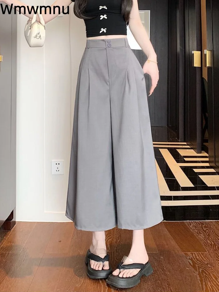 

Модные свободные брюки-кюлоты прямого кроя, широкие, до икр, женские повседневные брюки с высокой талией на пуговицах