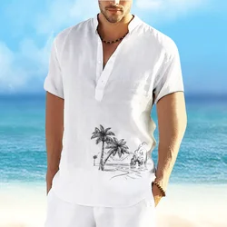 Summer Coconut Tree 3D Print Beach Henley Shirts Men's Oversized Button Stand Collar Short Sleeve T Shirt Tees Tops Man Clothing