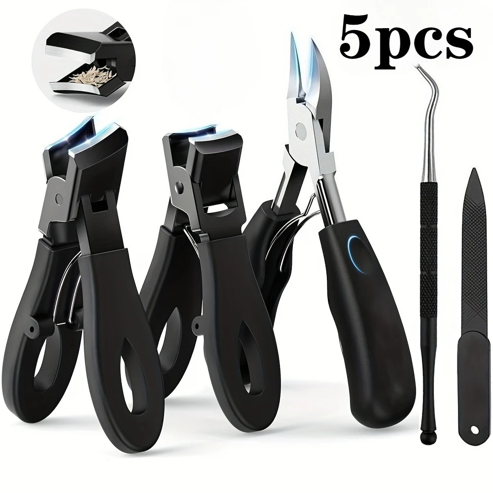 5pc Modern Stainless Steel Toenail Clippers Set with Ergonomic Handle,Includes Wide Mouth Angled Scissors,Nail File Cuticle Tool