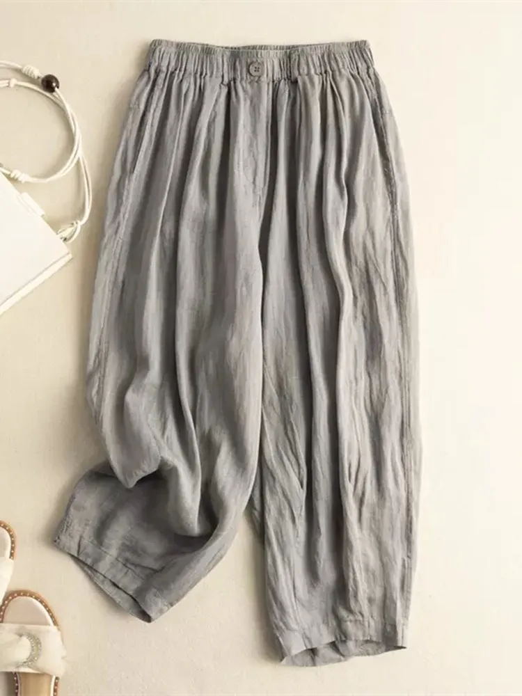 กางเกงลำลองผ้าฝ้ายลินินสำหรับฤดูร้อน ทรงฮาเร็ม ผู้หญิง ไซส์พลัส แฟชั่น ทรงเก้าส่วน ช่วยให้ดูผอม เอวสูง เหมาะสำหรับใส่ไปทำงาน...