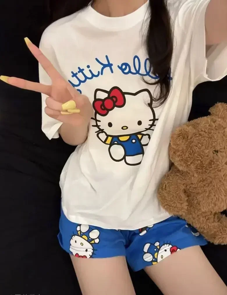 

Летний пижамный комплект Hello Kitty белого и синего цвета, женский комплект с круглым вырезом и короткими рукавами, домашняя одежда с мультяшными животными, милый комплект домашней одежды, подарок для девочек
