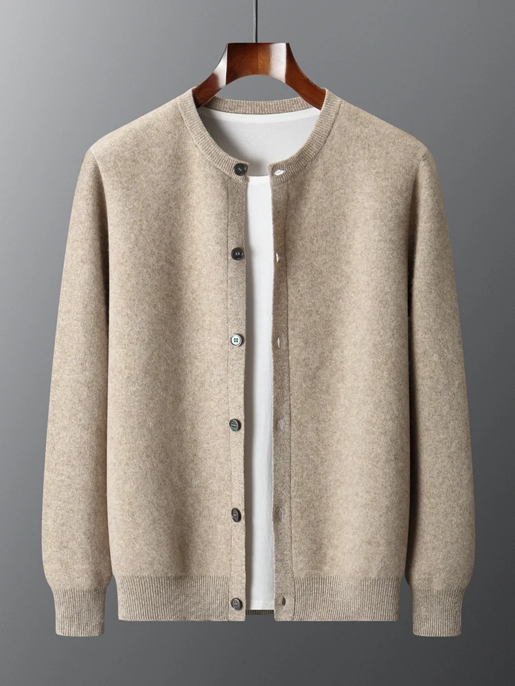 

Новый шикарный мужской базовый толстый кардиган с круглым вырезом, осень-зима, свитер из 100% мериносовой шерсти, однотонное вязаное пальто с длинными рукавами, деловое пальто