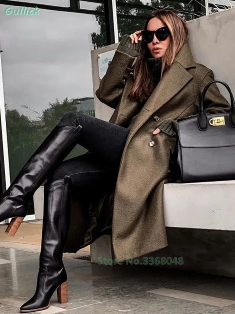 Leather Knee High Block Heel Boots Pointed Toe Slip On Fashion 2024 Runway Winter Women Boots Tan Black Chunky Heel Shoes