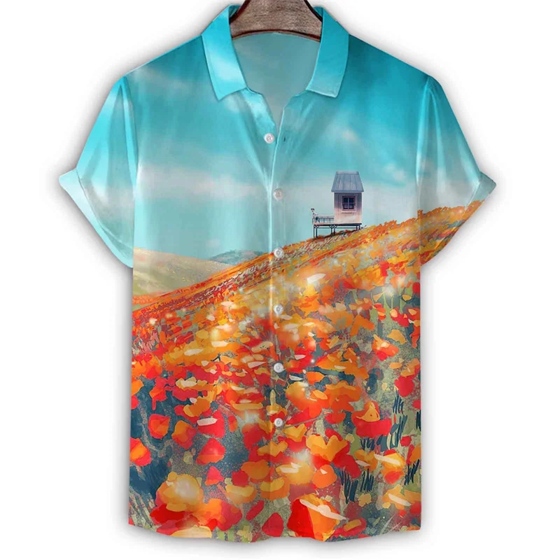 Zomer Bloemenpatroon Korte Mouwen Mode 3d Print Planten Hawaiian Shirt Voor Heren Revers T-Shirts Knoop Blouse Tops Kleding