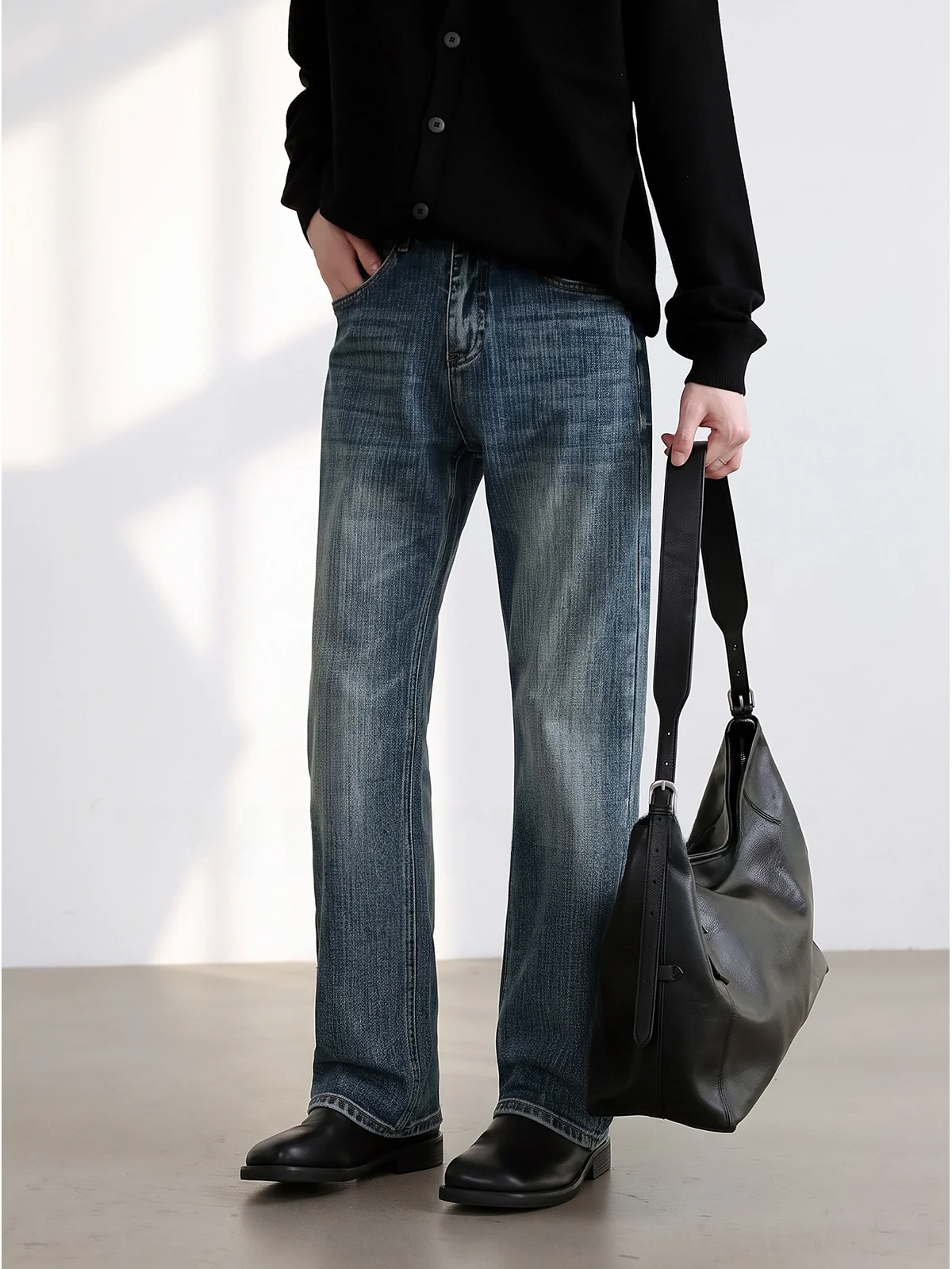 Retro Casual Men's Straight Leg Jeans Color Fading Versatile Long Trousers Cotton Elastane Blend Four Season Wear Resistant