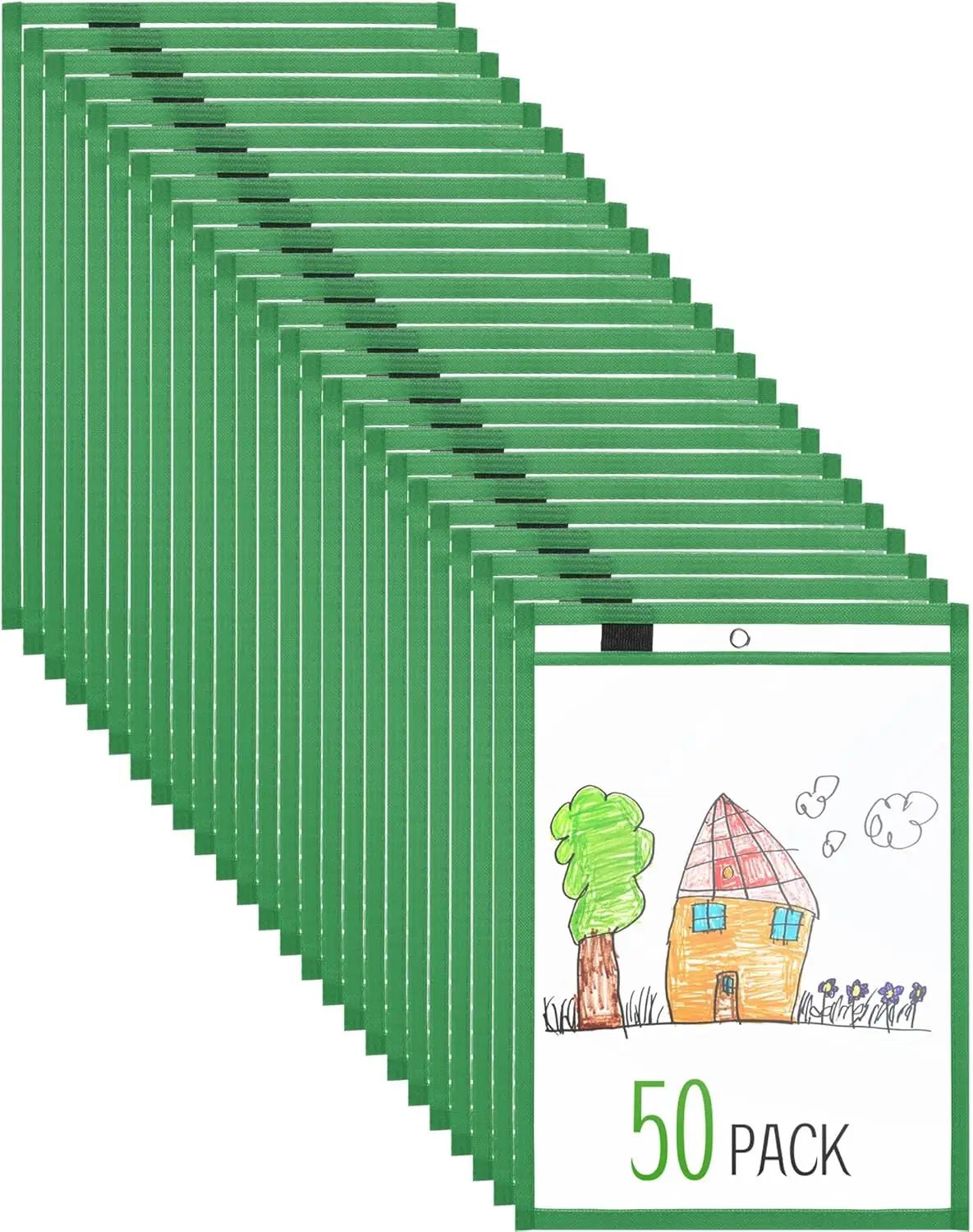 

Dry Erase Pockets 14x10in, Green, 50 Pack - Reusable Clear Sleeves for Teachers & Classrooms