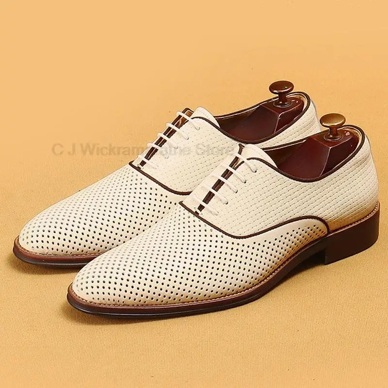 HKDQ Luxury Genuine Leather Men Oxford Shoes Breathable Classic Style Dress Shoes Beige Lace Up Pointed Toe Formal Shoes Men