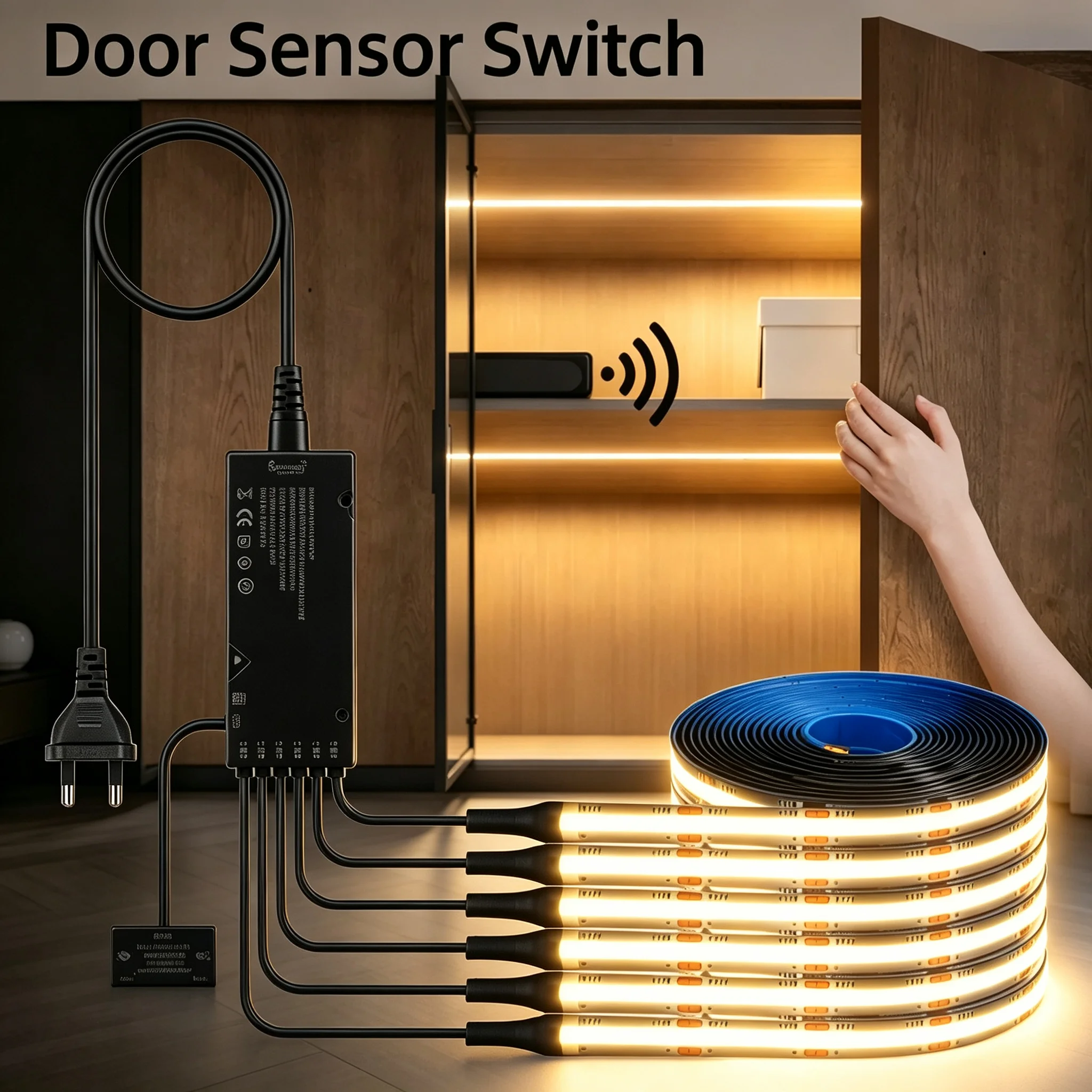 1‑10PCS COB Cabinet LED Strip Kit, Dual‑door Sensor Auto On/Off, Cuttable Self‑adhesive 12V Light Strip for Wardrobe Cabinet