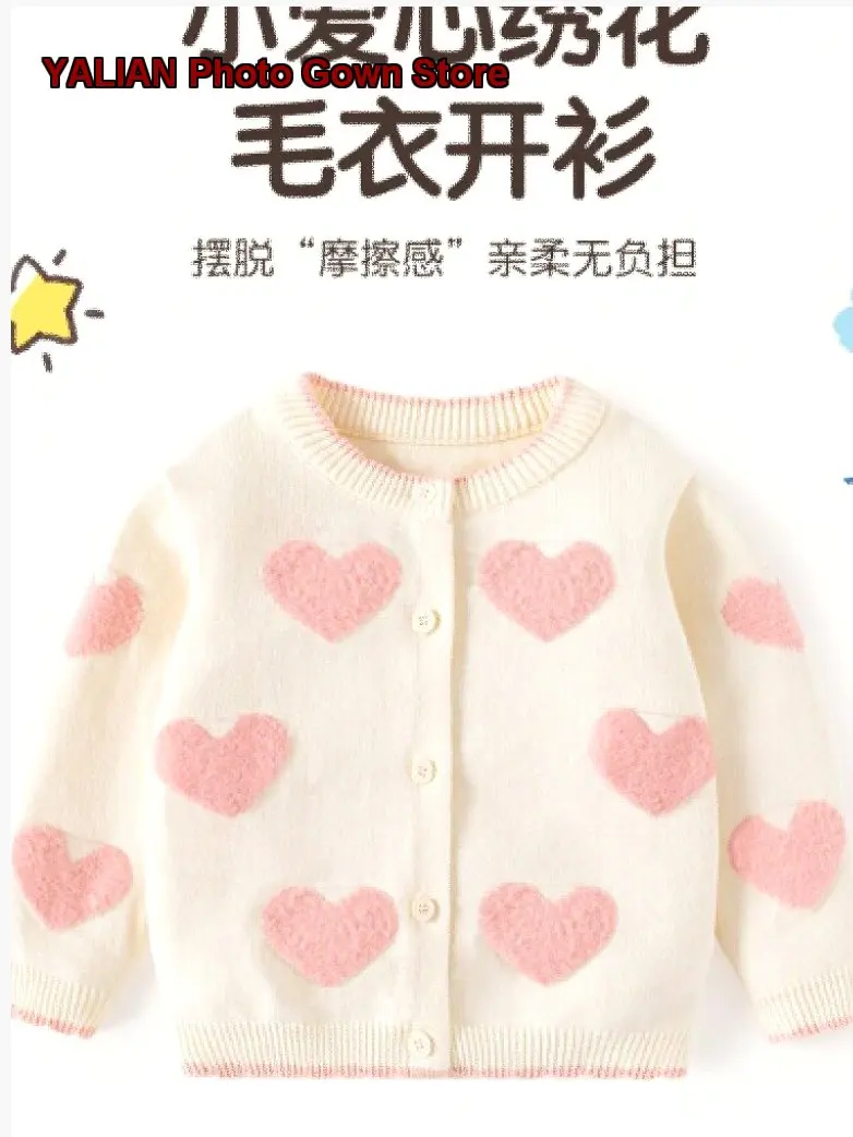 Infant Cardigan Newborn Baby Girl Round Neck Heart Pattern Soft Single-Layer Knit Cardigan Girls