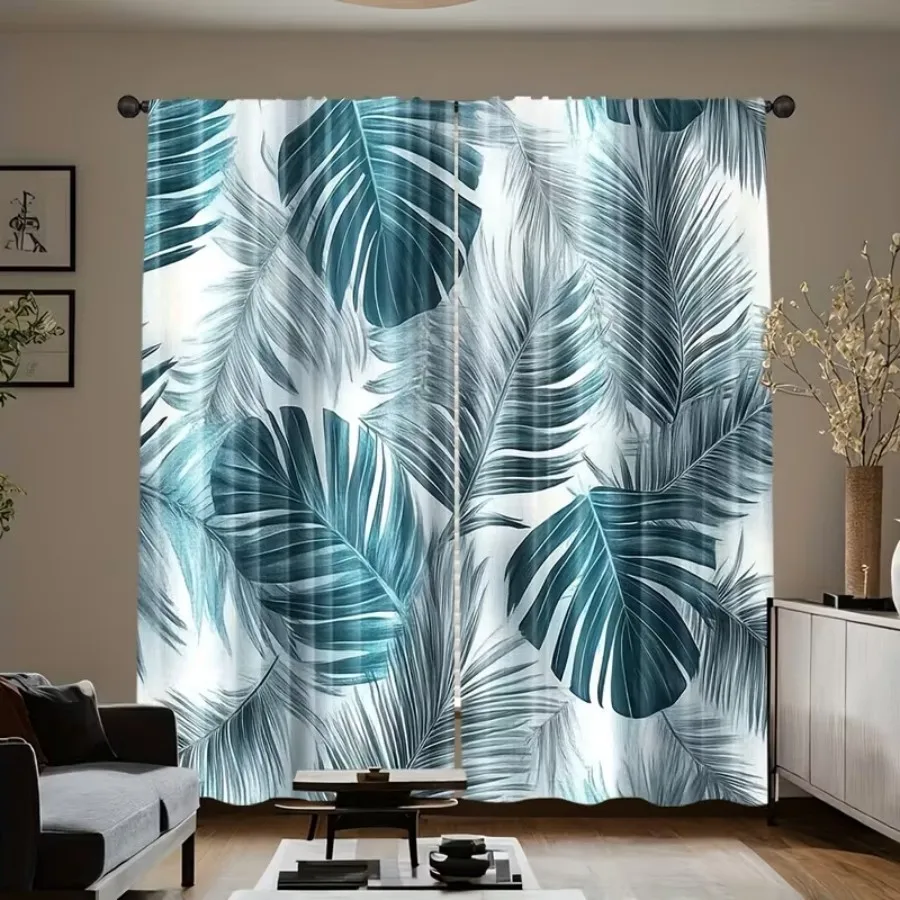 2 PCS Blue Palm Leaf Curtains, Tropical Vacation Style Window Drapes for Living Room Bedroom Home Decor Polyester Rod Pocket
