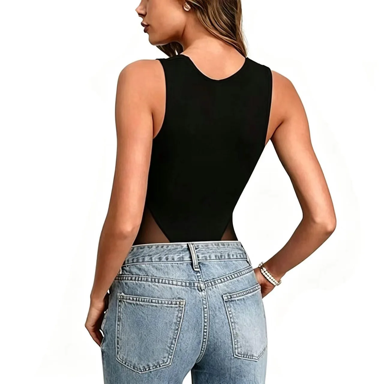 Cross-border Mesh See-through Onesie Slim and Thin Square Neck Sleeveless Vest with Bottom Top Cw41581