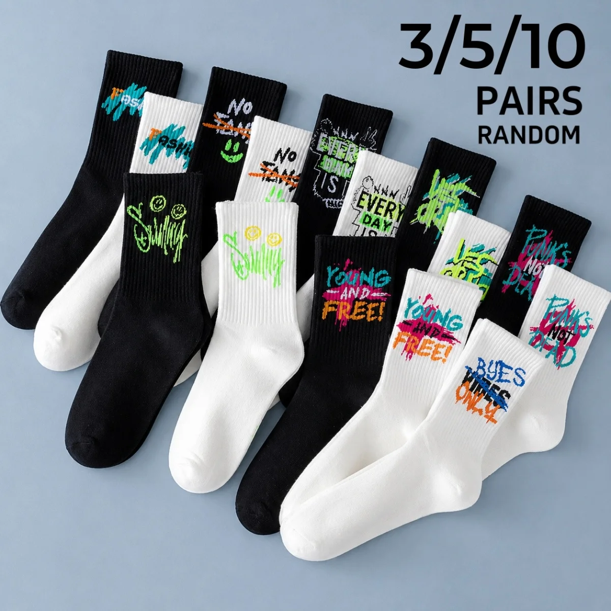 3/5/10 Pairs of Women's Mid-Calf Socks in Random Colors, Black and White, Breathable, Comfortable, Skin-Friendly, Soft, Elegant, Fun, Fashionable, Versatile, Student Style, Spring, Summer, Autumn, Winter