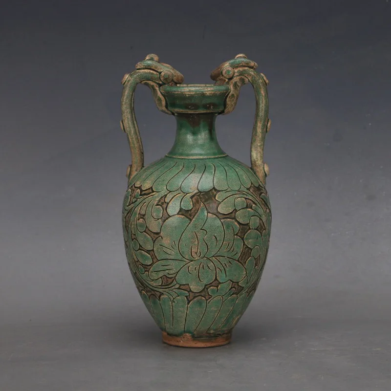 Green glaze twisted branches shaved double dragon bottle, antique porcelain old goods antique home decoration ornament