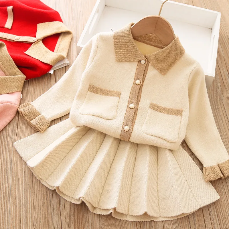 Little Girl Sweater Set 2023 Fall Winter New Korean Fashion Long Sleeve Top+Pleated Skirt Toddler Girls Sweater Fall Clothes