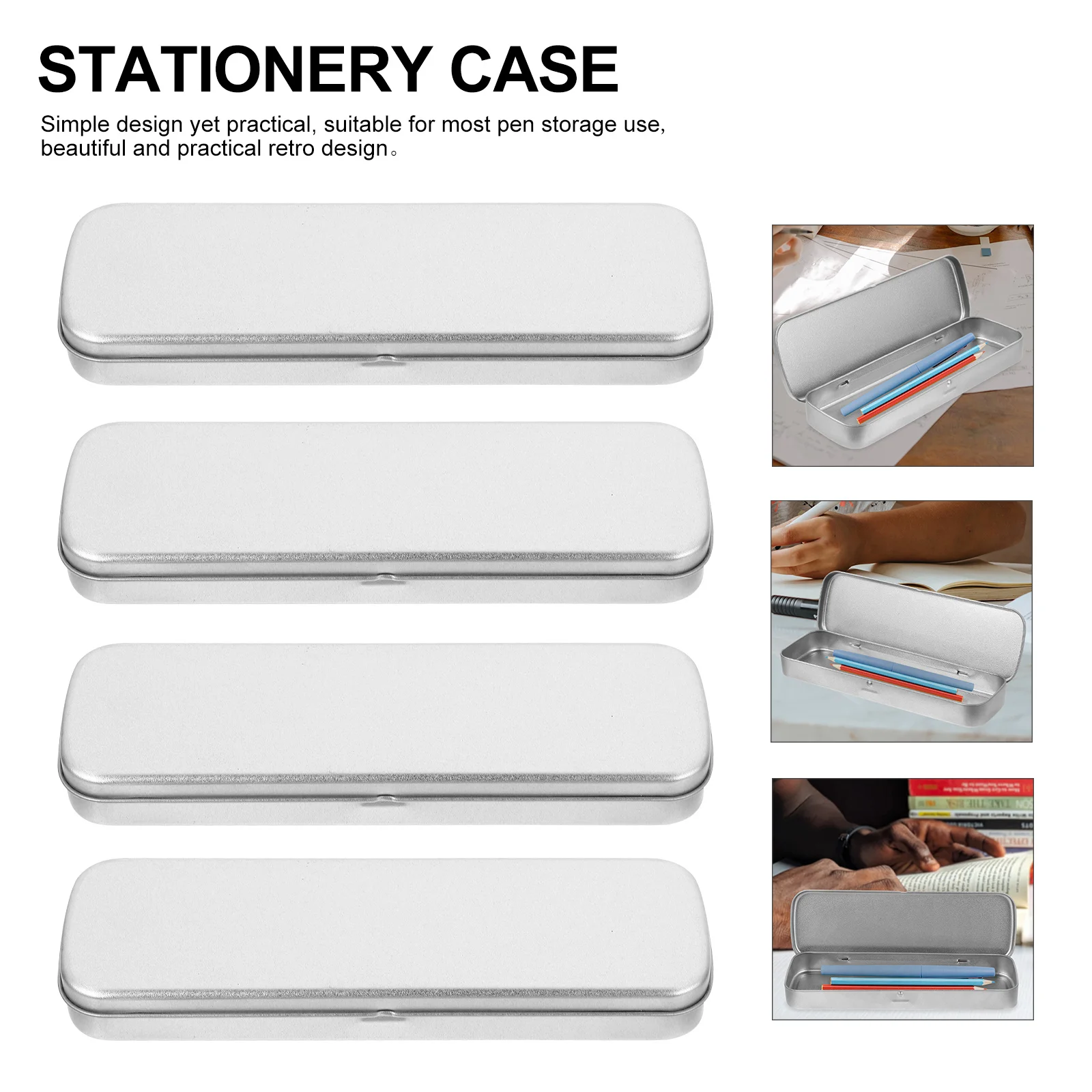 

4Pcs Stationery Case Silver Tinplate Durable Pen Storage Boxes Student Pencil Case Multi-Functional Storage Student Pencil Box
