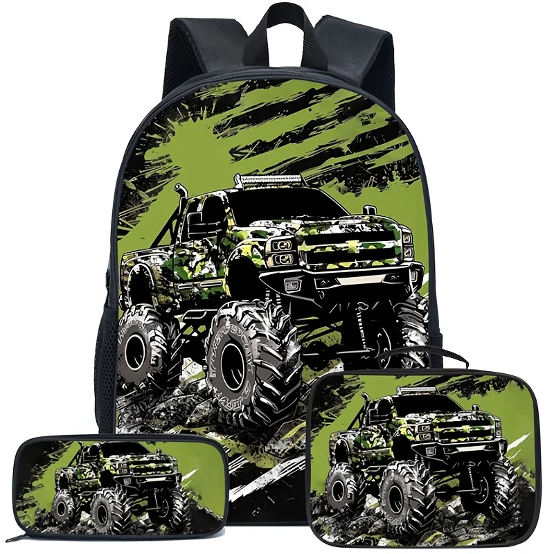 Boys Off-Road Vehicle Print Three-Piece Backpack Set Cool Schoolbag for Boys Elementary School Student Back-To-School Season